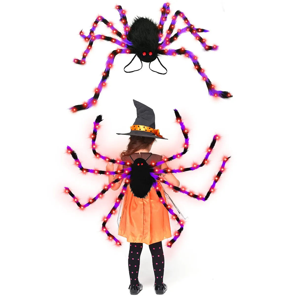 Halloween spider backpack with LED lighting in plush sugar bag design showing colour options