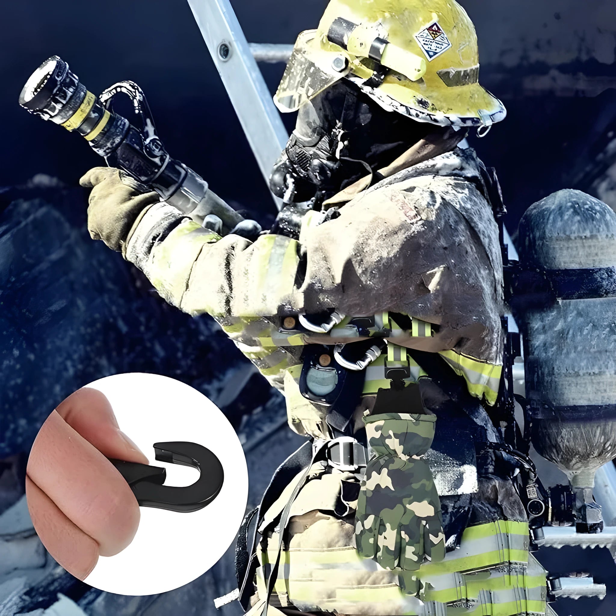 Fluorescent green metal buckle clamp for fireman gloves with reflective details.