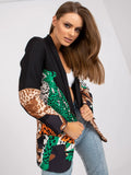 Leopard print contrast colour slim fit long suit jacket for women, 65cm medium length, long sleeve, available in black, orange, glittering powder and emerald green.