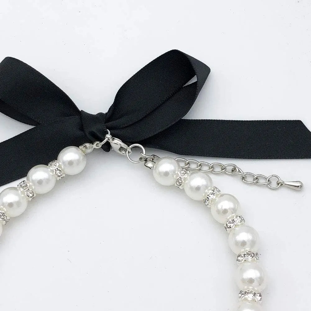 Handmade imitation pearl and rhinestone dog necklace with ribbon bow and adjustable clasp in blue pink purple or white for small pets