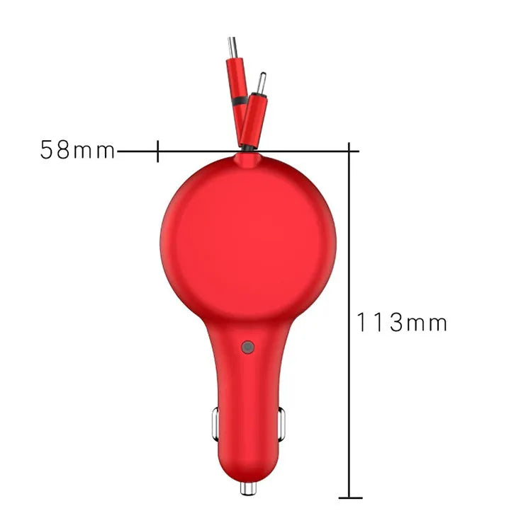 Retractable car charger with extended cables showing dual charging ports and compact design