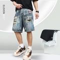Blue denim shorts for men with ripped knees and graffiti print, featuring a straight leg and a zipper fly