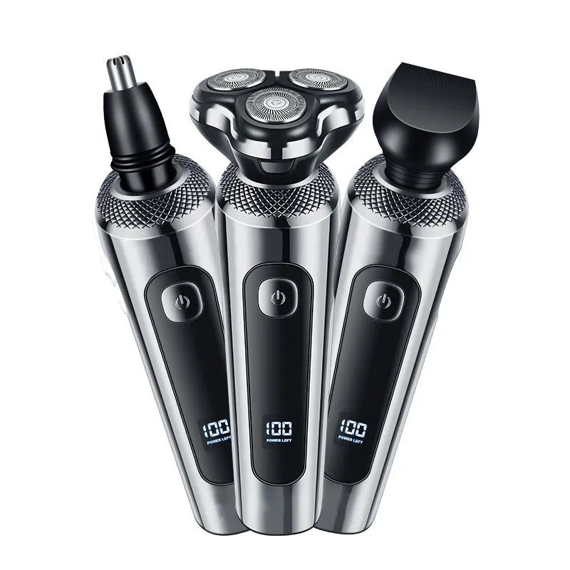 Digital display USB rechargeable beard trimmer with washable floating cutter head on charging base