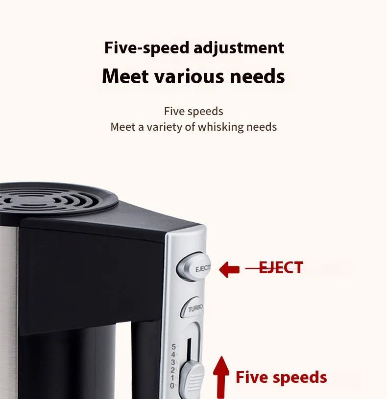 Silver and black handheld electric food mixer with two metal beaters, model SL-25209.