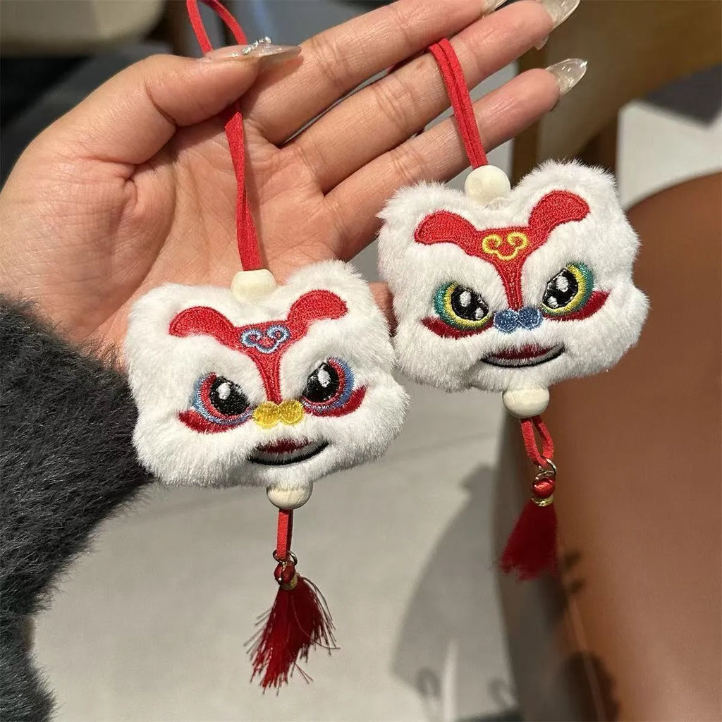 Chinese style handmade plush lion tassel keychain with star stone decoration in blue or yellow colour
