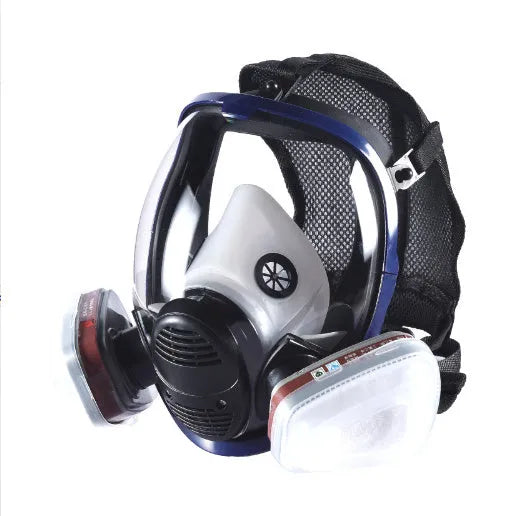 Blue edge spherical full face gas mask with trapezoidal canister and silicone seal