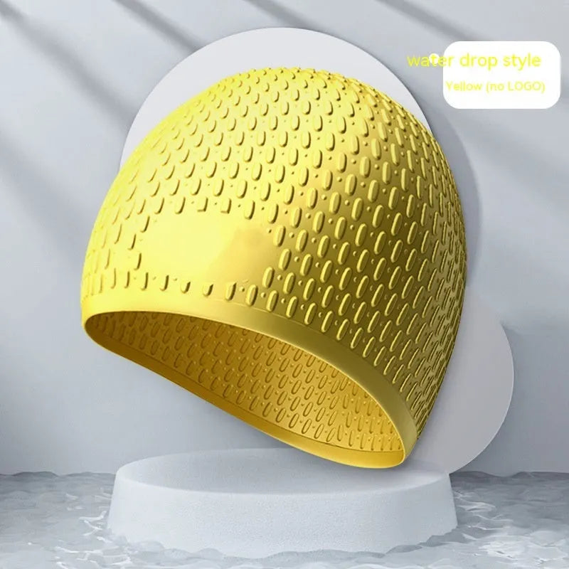Silicone water drop style swimming cap for adults in various solid colours