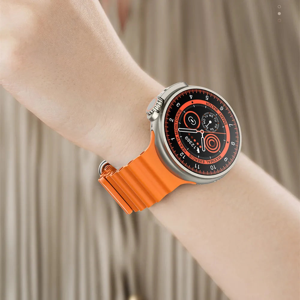K9 smart watch with round screen on silicone strap showing health metrics and NFC payment function