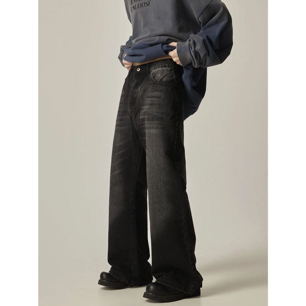 Black loose straight jeans with American retro styling and zipper fly closure