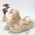 Women's black wedge sandals with fish mouth toe design and cloth upper material