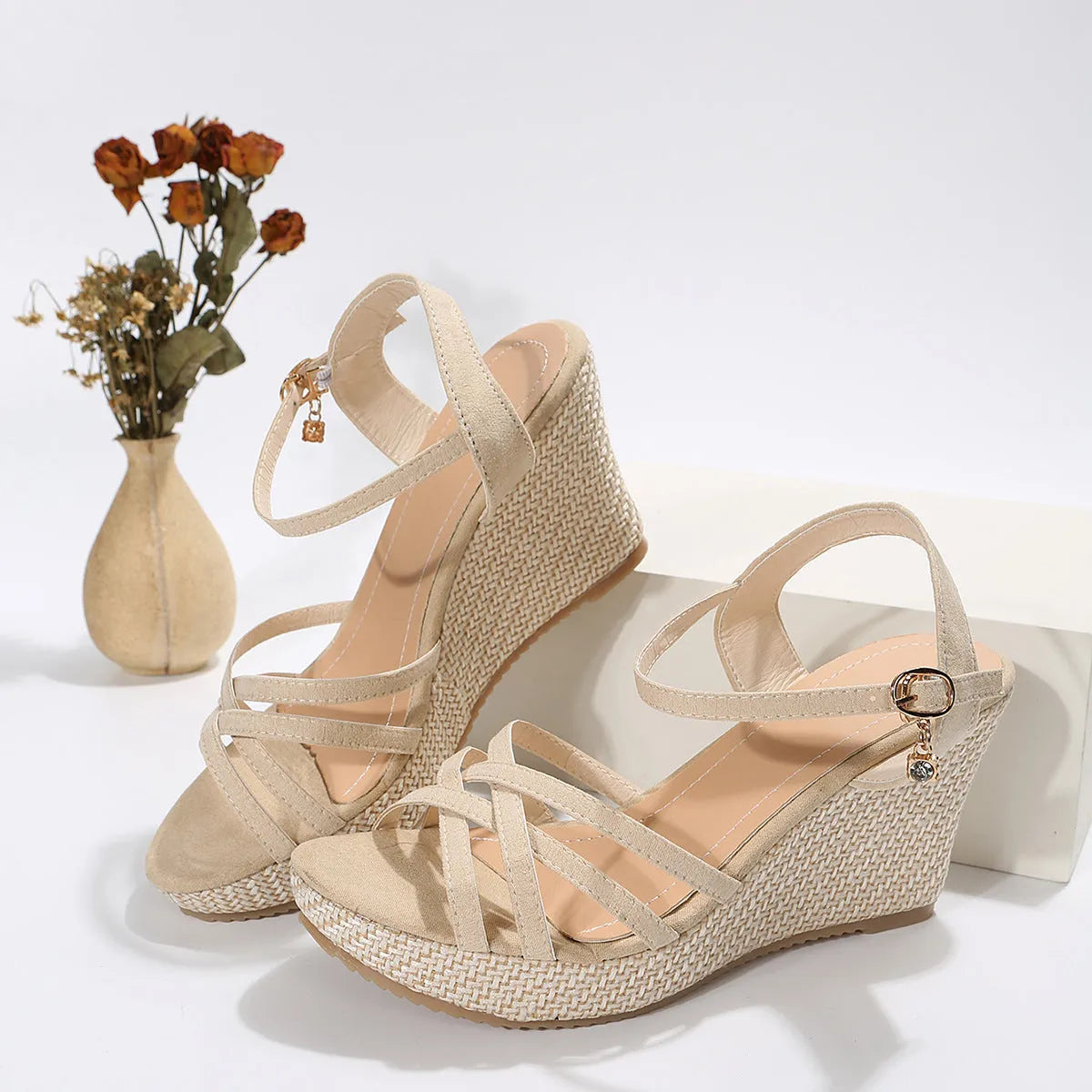 Women's black wedge sandals with fish mouth toe design and cloth upper material