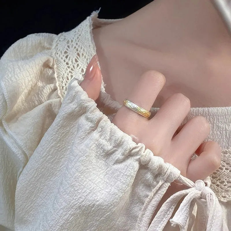 Xiangyun pattern white copper ring with silver gold electroplated finish and geometric open mouth design