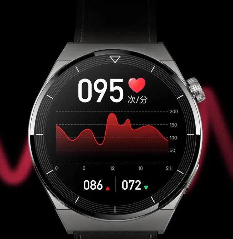 Black and silver Android smart watch with circular screen, silicone band, showing Bluetooth call and NFC access control functions.