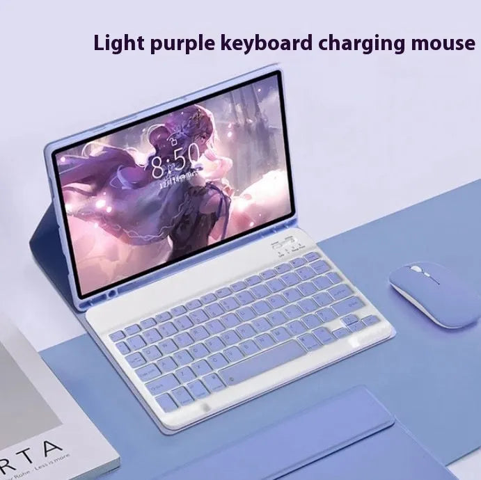 Bluetooth keyboard and charging mouse inside a soft TPU leather-look case for Samsung tablet