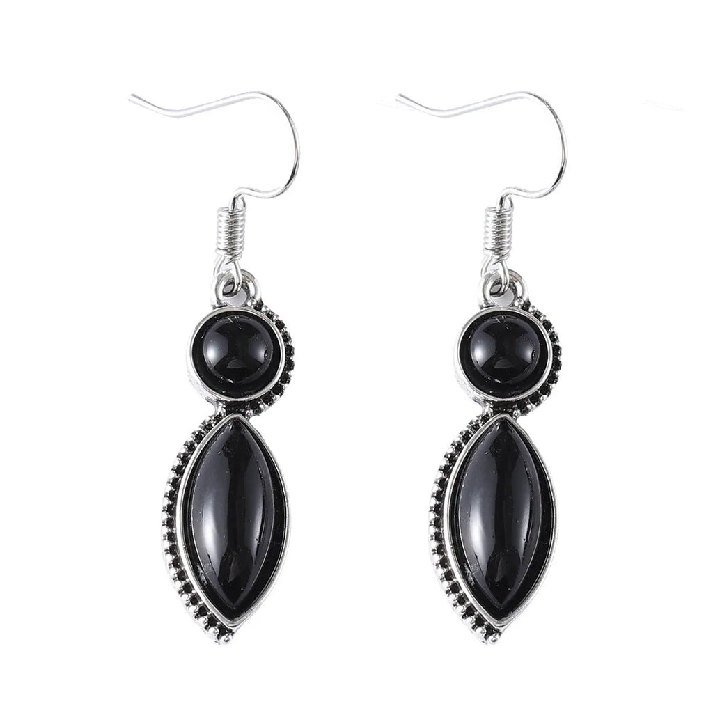 Black and purple vintage geometric drop earrings with round bohemian decorative elements