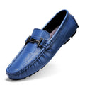 Men's black leather casual shoes with a silver buckle on a flat rubber sole.