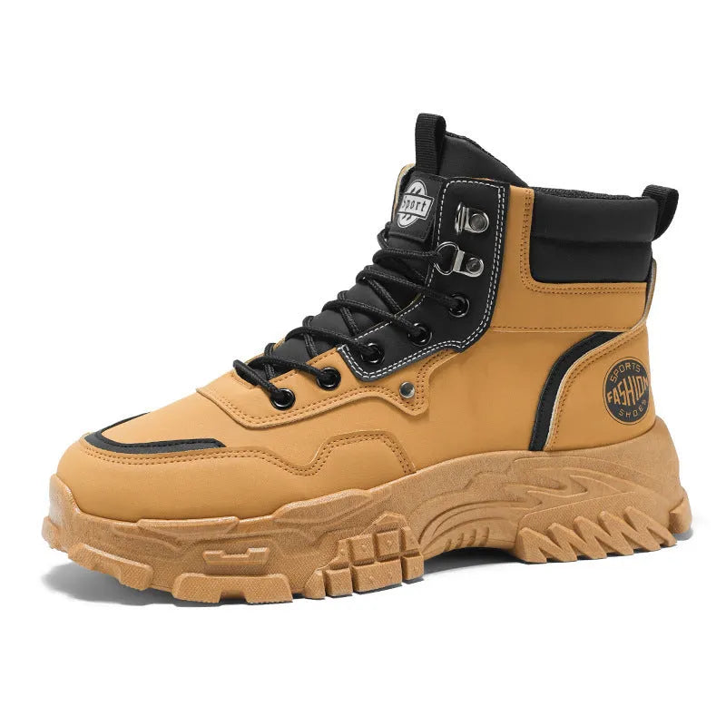 Men's black and yellow Martin boots showing mid heel height and high-top design