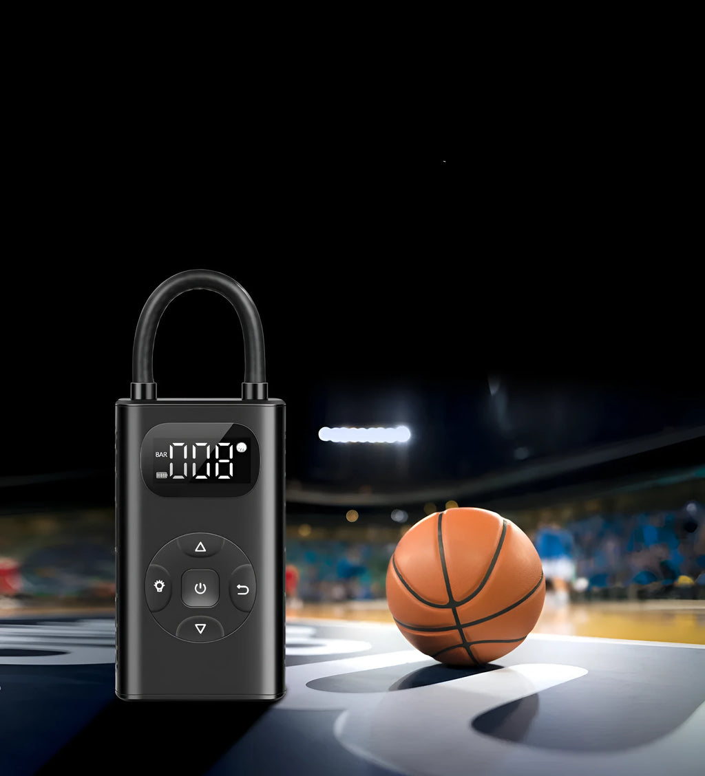 Black cuboid electric air compressor power bank with USB port and 16cm tube for car and motorcycle tyres