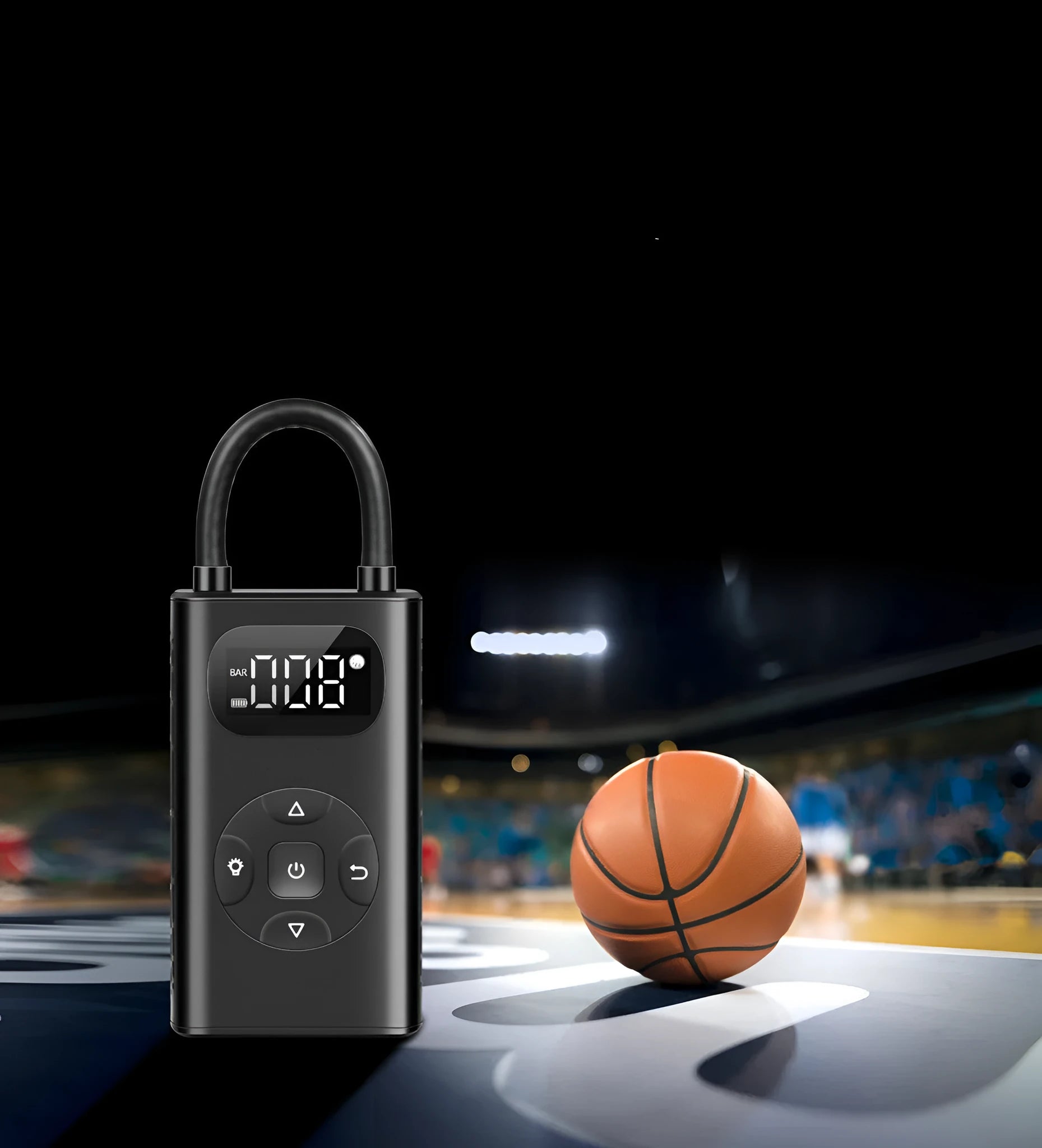 Black cuboid electric air compressor power bank with USB port and 16cm tube for car and motorcycle tyres
