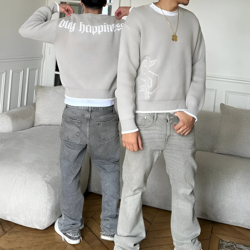 Grey jacquard pattern loose-fitting knitwear coat with long sleeves for autumn winter wear