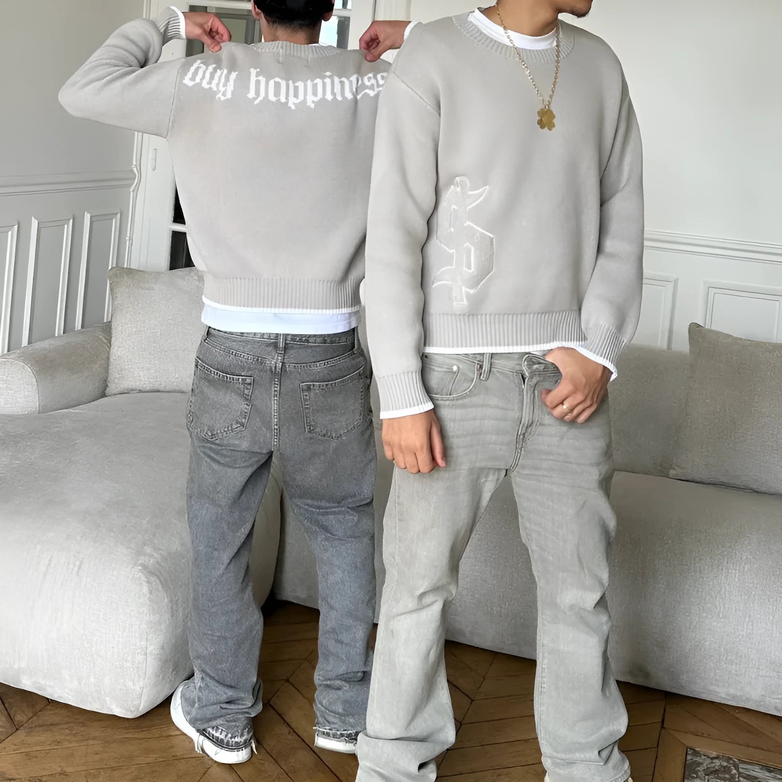 Grey jacquard pattern loose-fitting knitwear coat with long sleeves for autumn winter wear