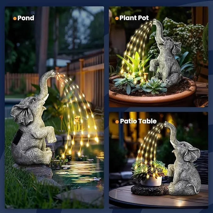 Resin elephant garden sculpture with integrated light strip for outdoor patio decoration