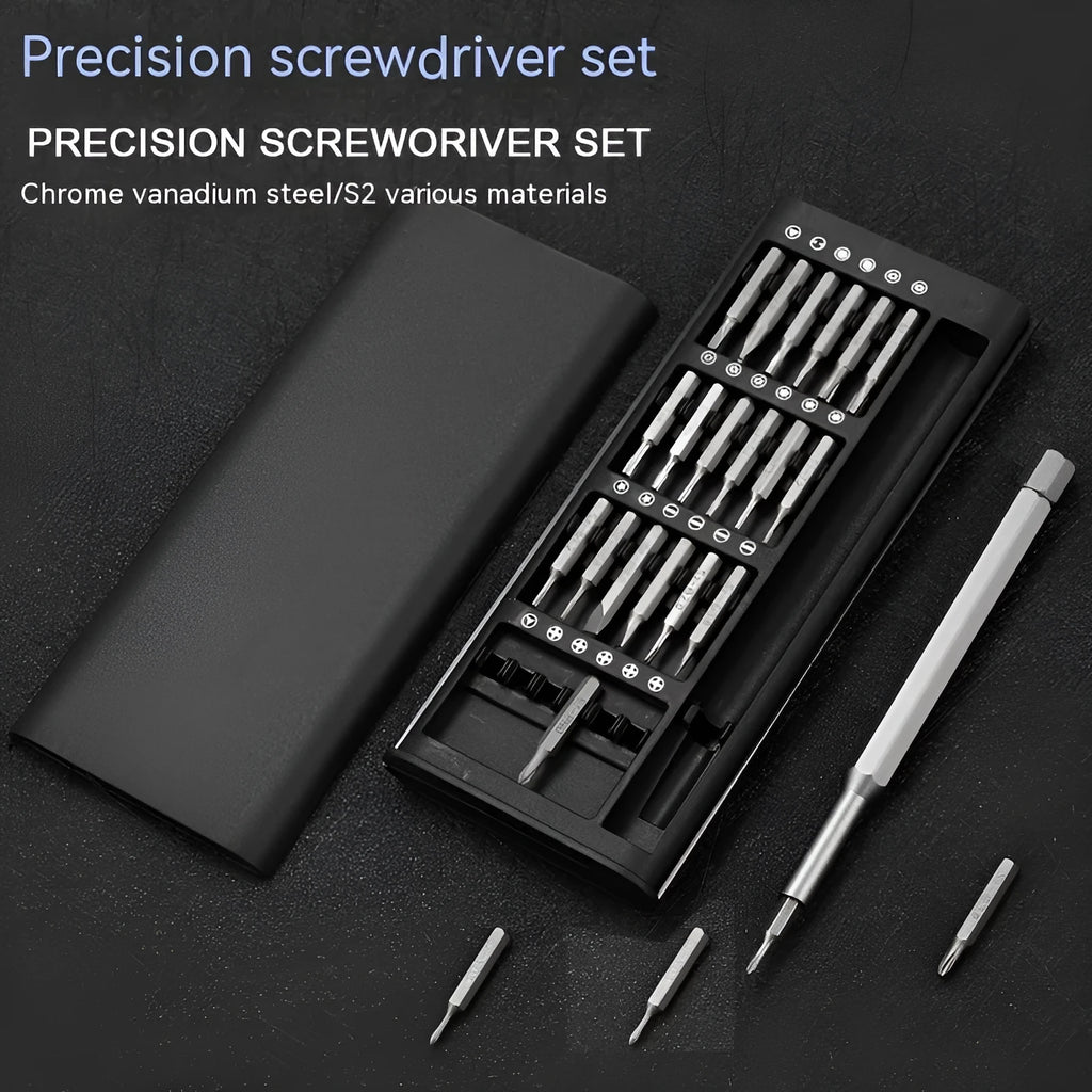 24-in-1 precision magnetic screwdriver repair tool set with bits displayed next to aluminium and plastic handle options.