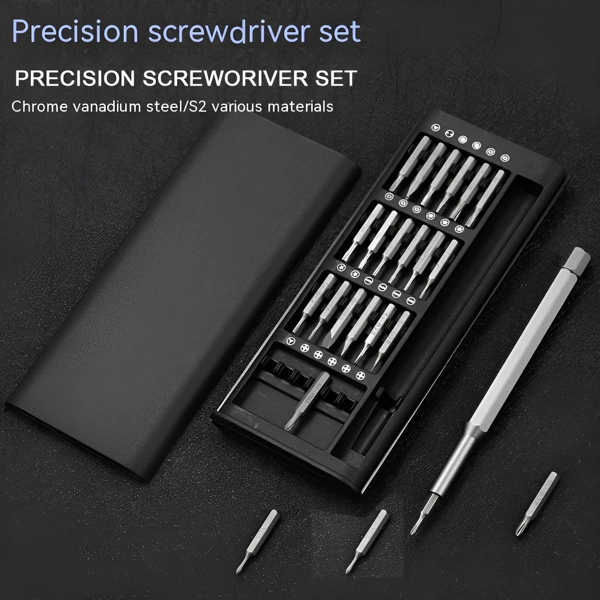 24-in-1 precision magnetic screwdriver repair tool set with bits displayed next to aluminium and plastic handle options.