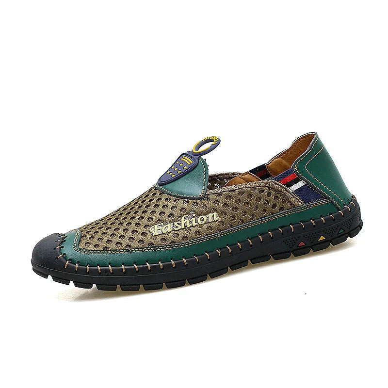 Men's brown casual mesh shoes with a round toe and stitched rubber sole on a plain background.