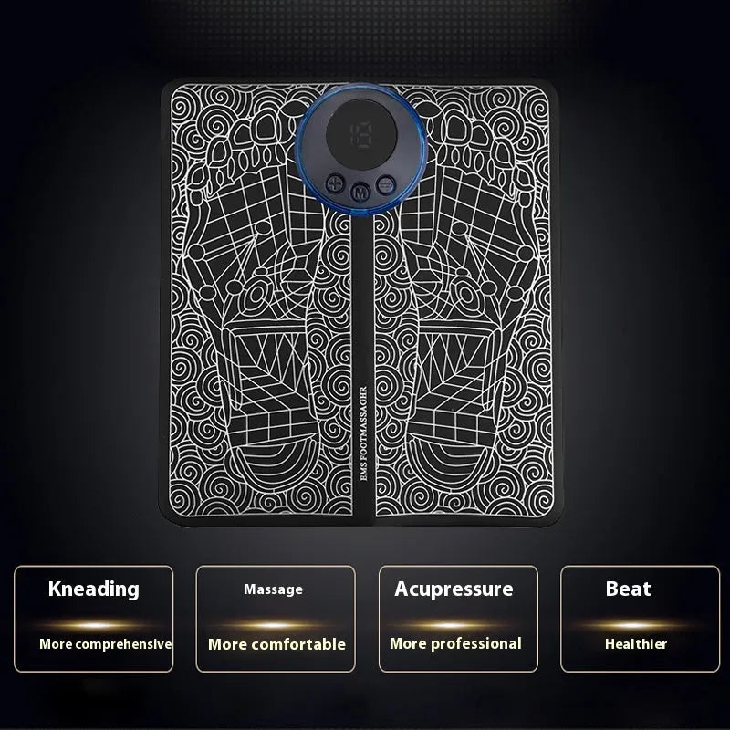 Leather foot massage cushion with remote control, LCD display showing massage modes and intensity levels