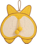 Yellow corgi butt design sisal cat scratching board with anti-slip base, shown with adhesive hooks.