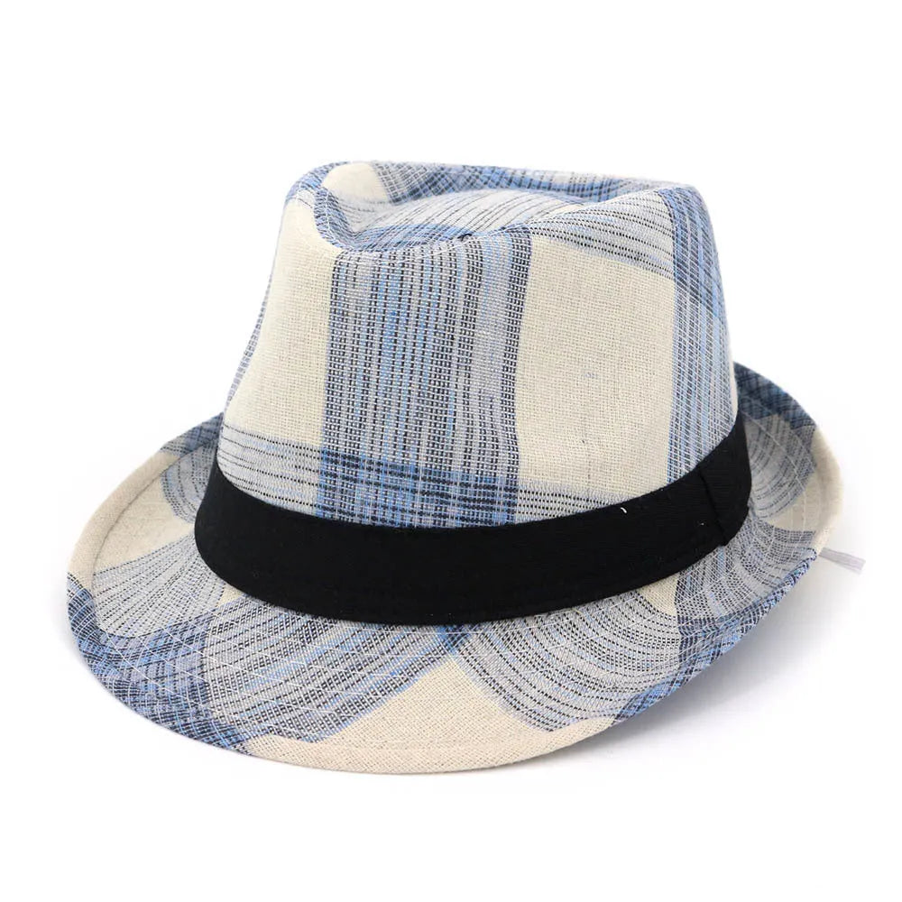 Blue polyester straw sun hat with bell crown and brim for outdoor sun protection.
