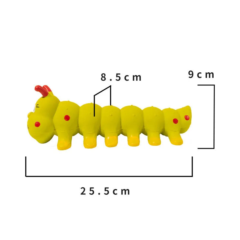 Yellow caterpillar-shaped rubber dog toy with squeaker measuring 25.5 cm
