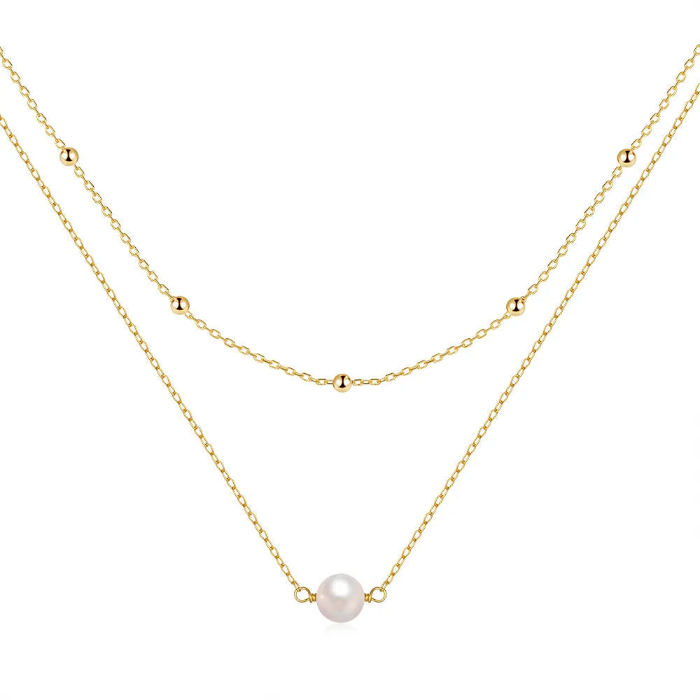 S925 sterling silver double layer necklace with twin pearl accents in gold colour
