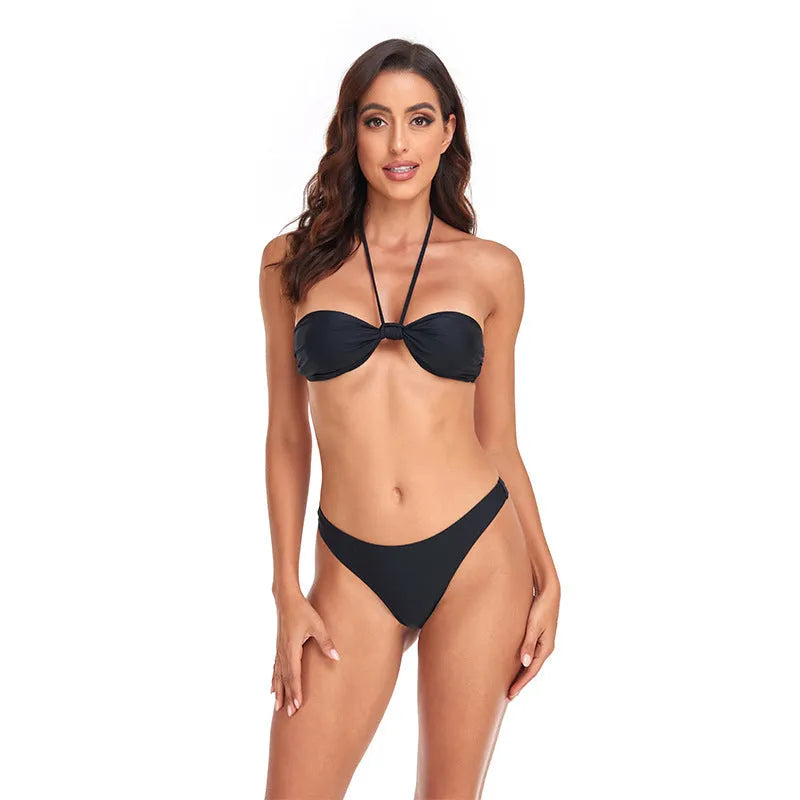 Black women's bikini set with lace-up tube top and briefs swim bottom