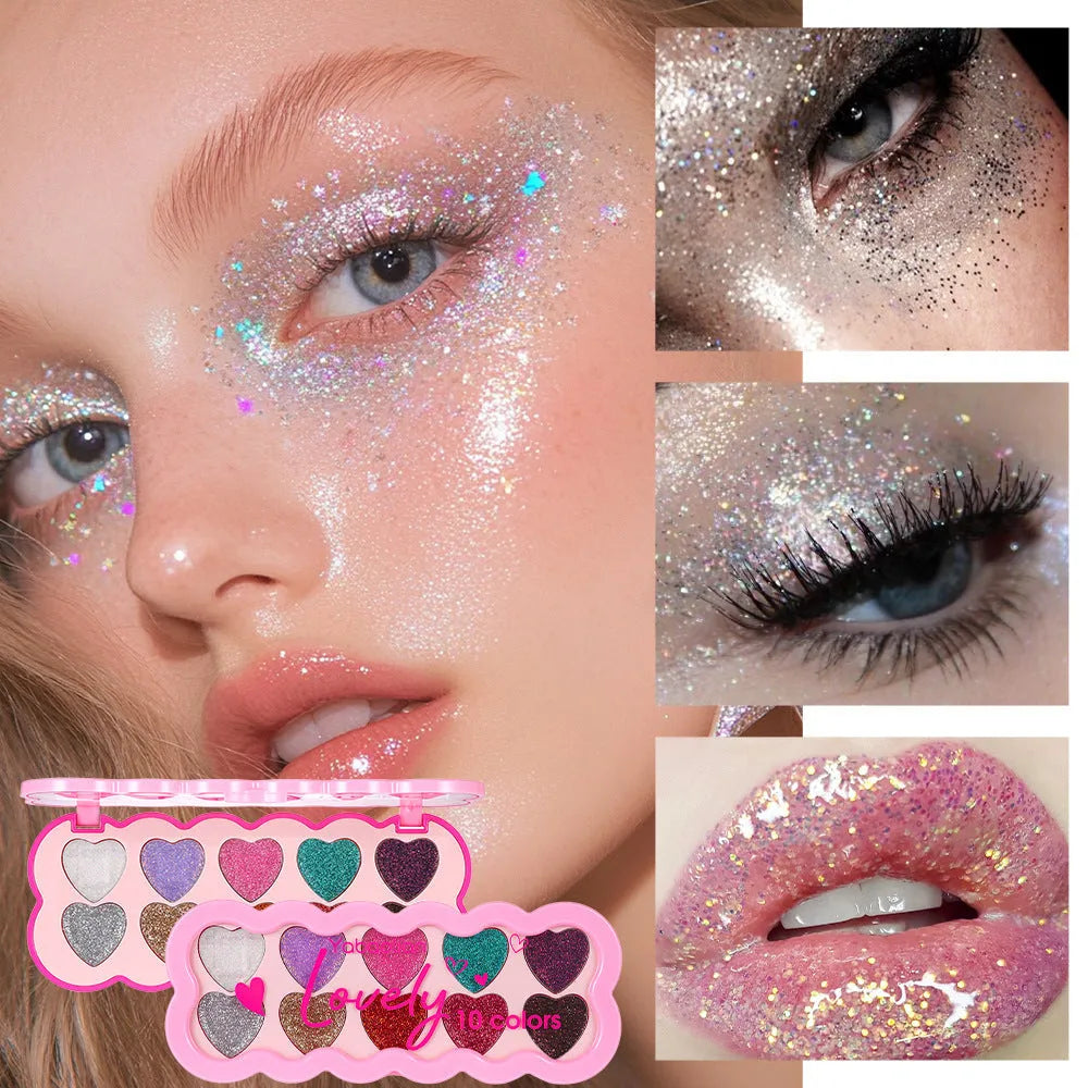 Pearlescent Heart ten-color sequin eyeshadow palette showing shades for punk and festival makeup