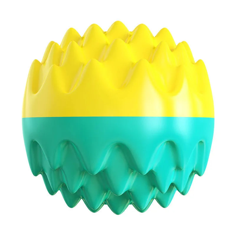 Blue rubber dog ball toy with spiky texture for dental cleaning and squeaky interactive features