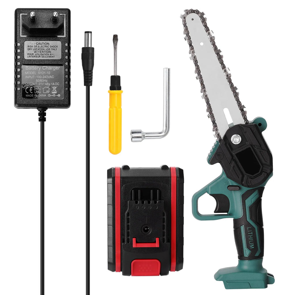 Black mini electric chainsaw with 4-inch guide bar held in one hand