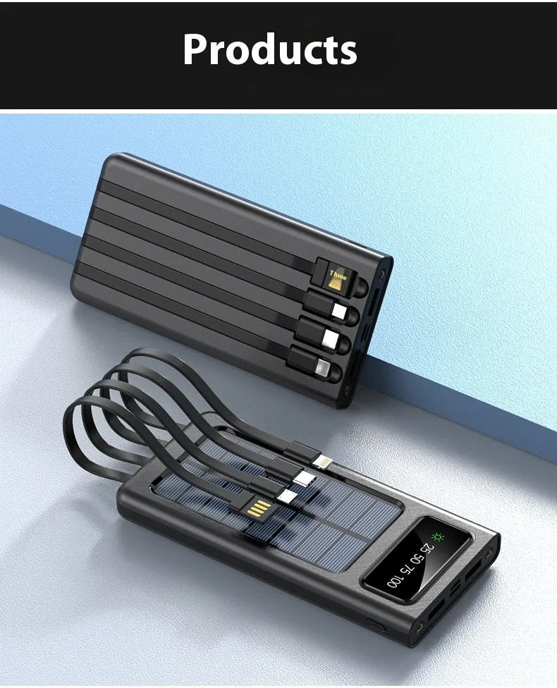 Solar power bank portable battery charger with cable for mobile phones in black or white