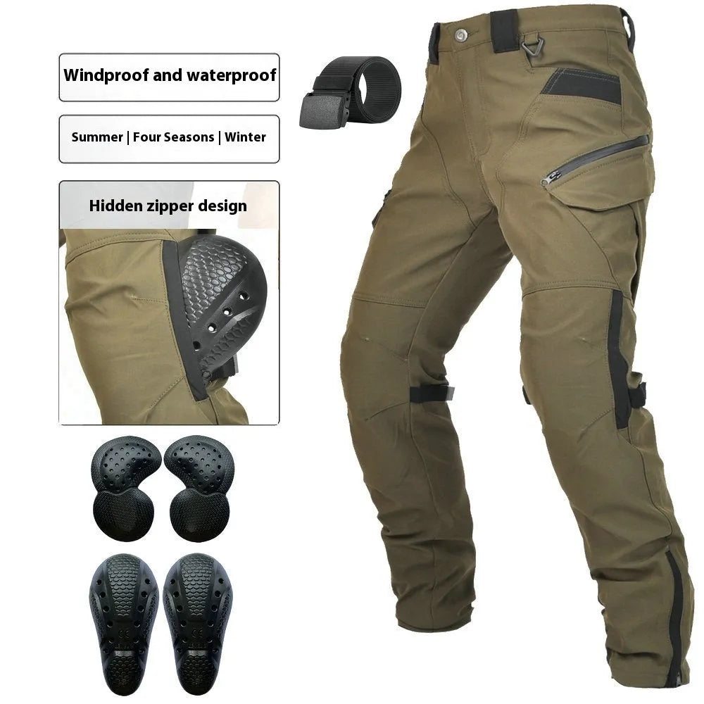 Men's solid color waterproof motorcycle cycling pants with protective gear and belt in black or green