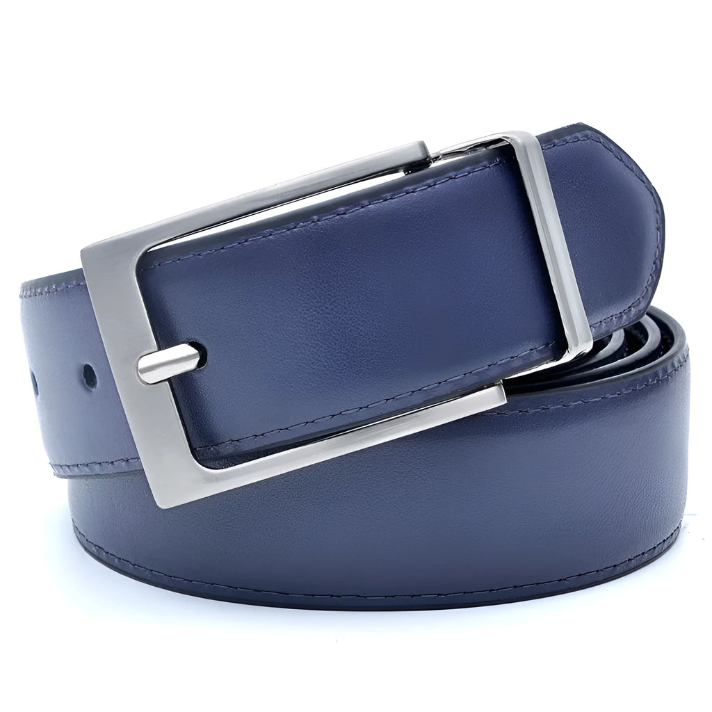 Men's dark brown genuine leather belt with a silver rotating pin buckle, shown at 120cm length.