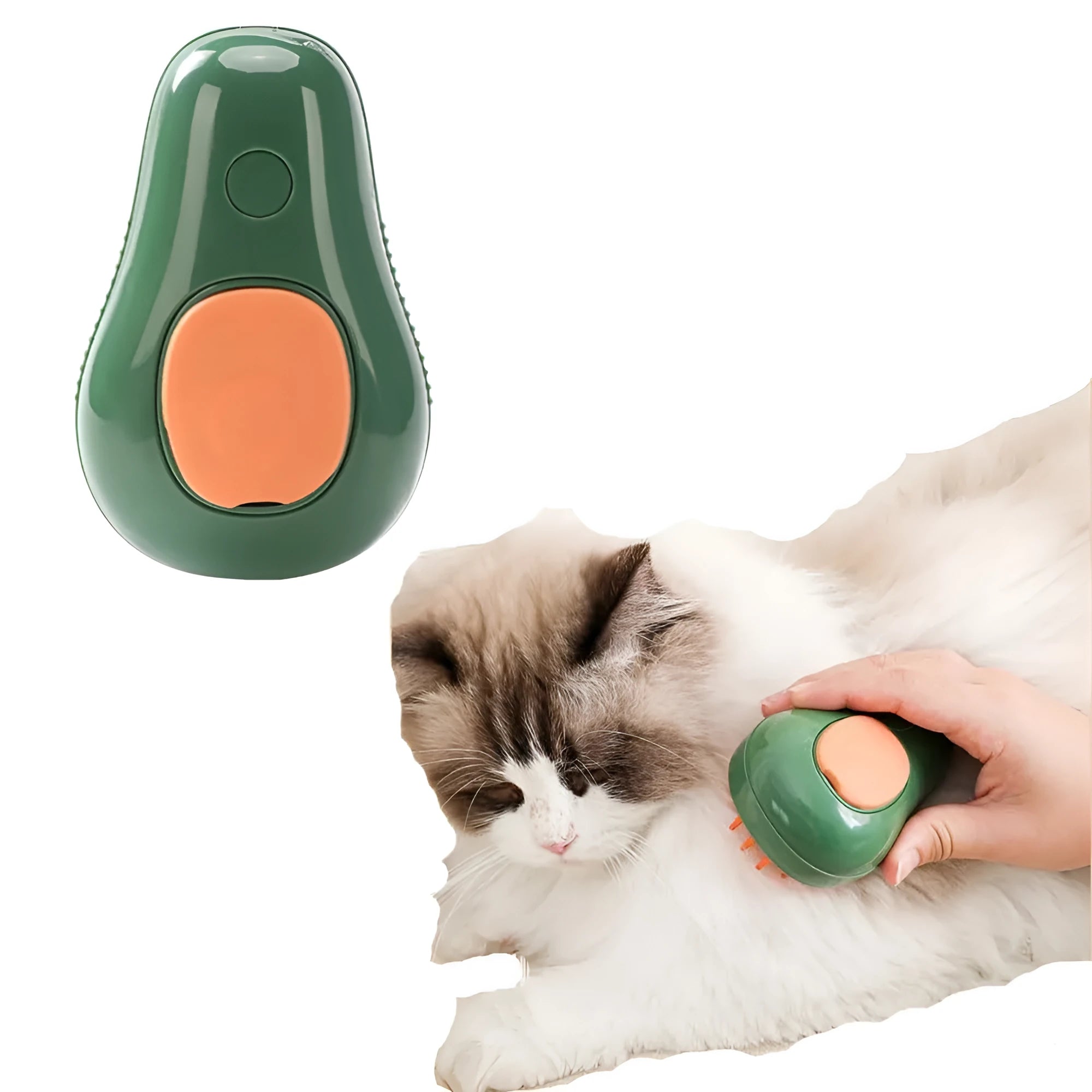 Green and white cat steam brush with water spray function and silicone grooming teeth