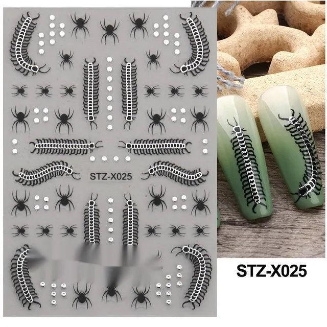Cartoon love pattern nail art sticker decals in black and silver colours on a plastic sheet.