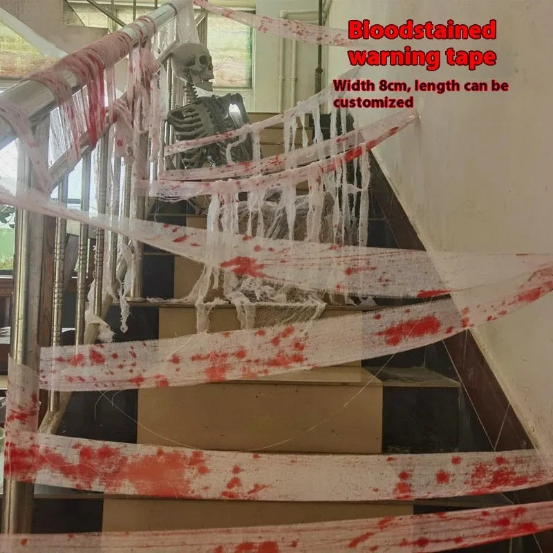 Red and white polyester Halloween horror bandage showing 8cm width and rolled length