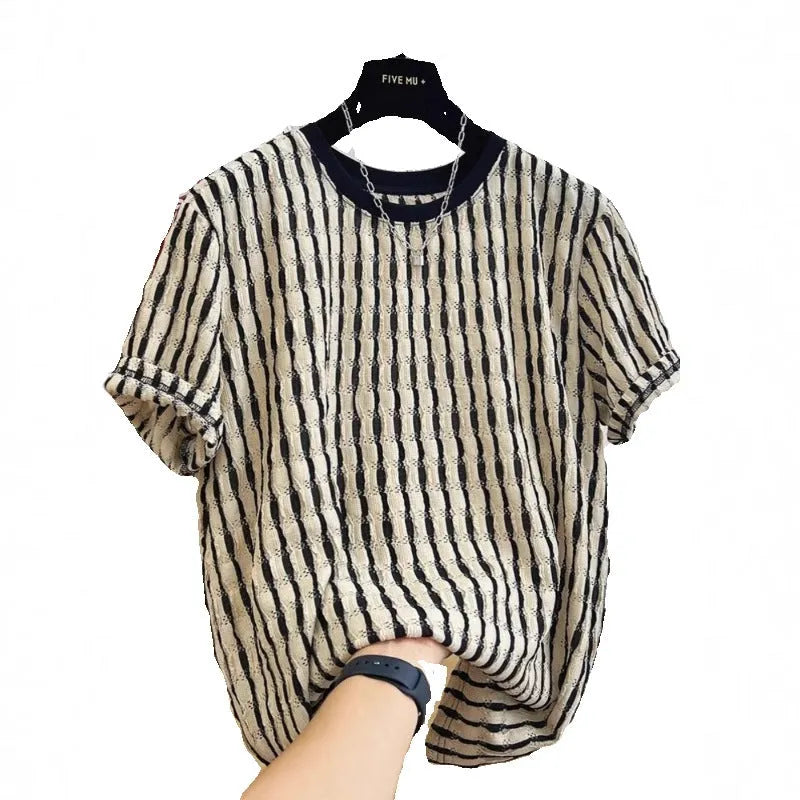 Men's black striped casual shirt with loose fit and short sleeves in silk linen blend fabric