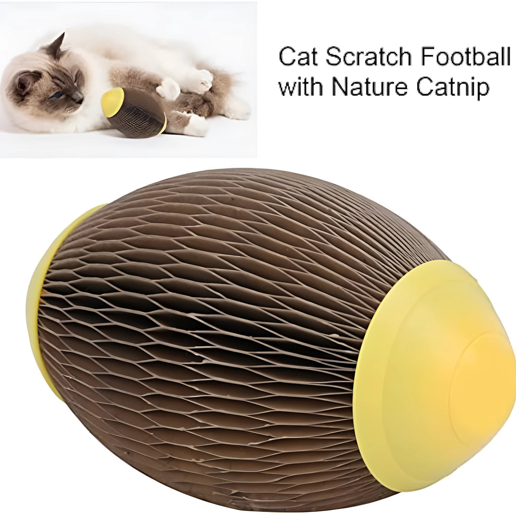 Elliptical corrugated paper catnip football toy measuring 65mm by 108mm