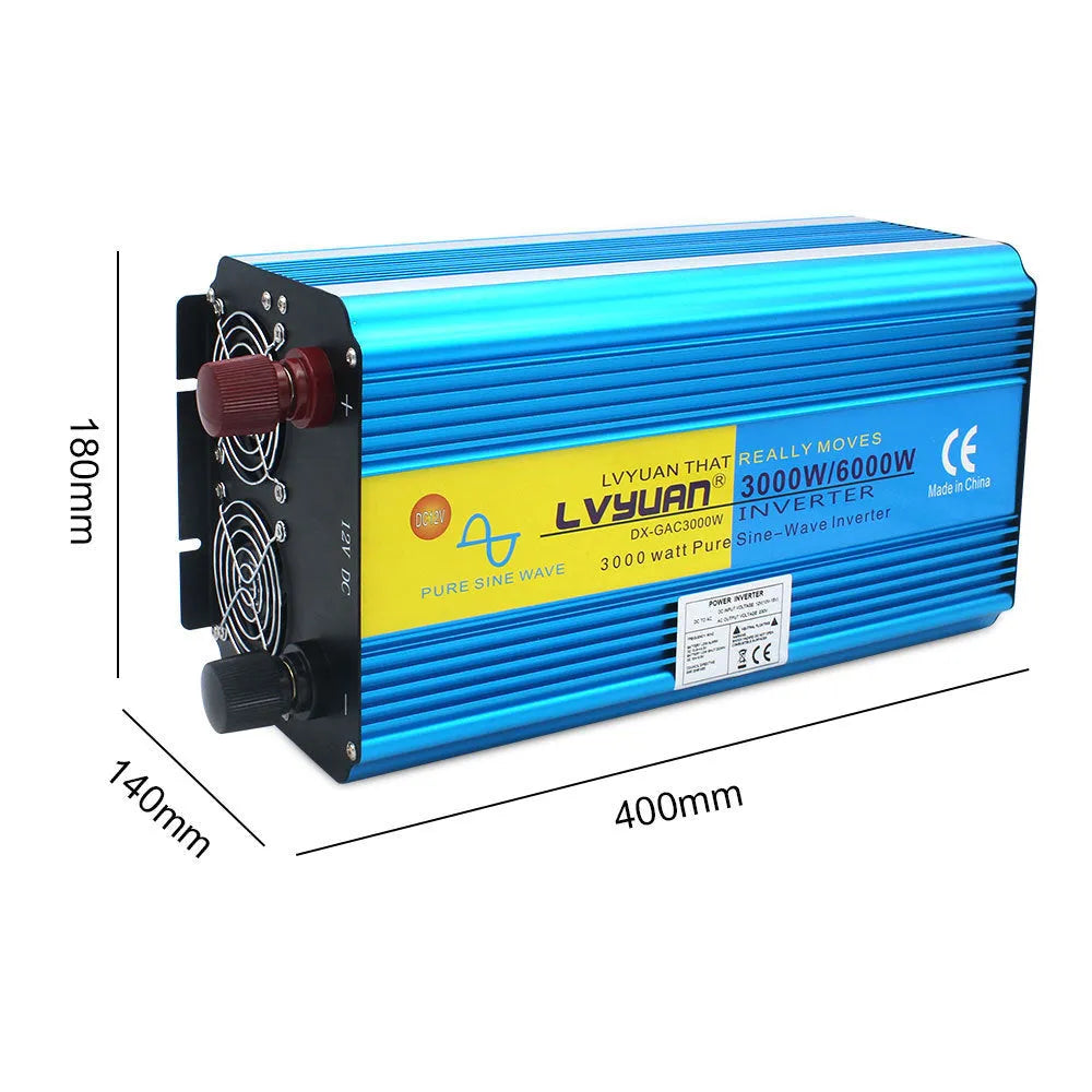 Blue 3000W 12V to 220V pure sine wave power inverter with digital displays and remote control