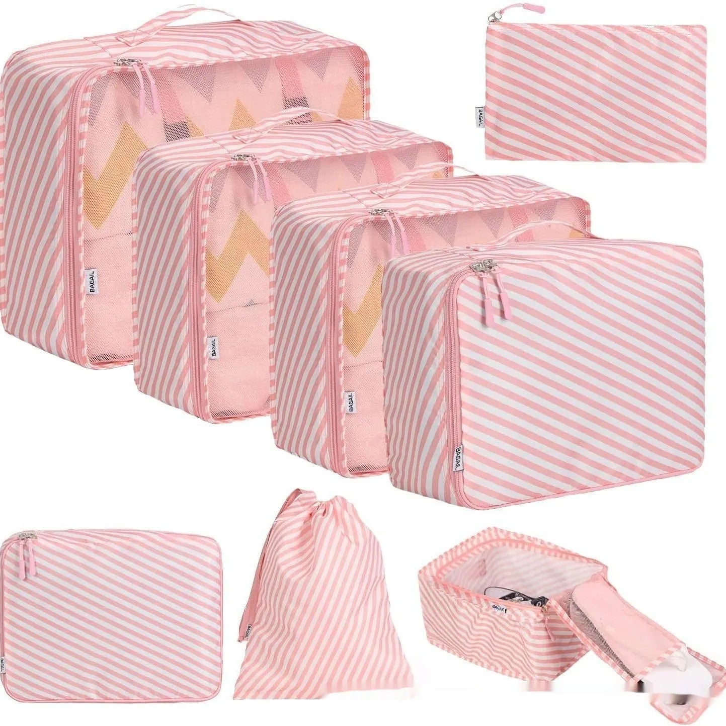 Cubic eight-piece travel packing set showing compression bags in various colours including beige, black, and pink leopard print