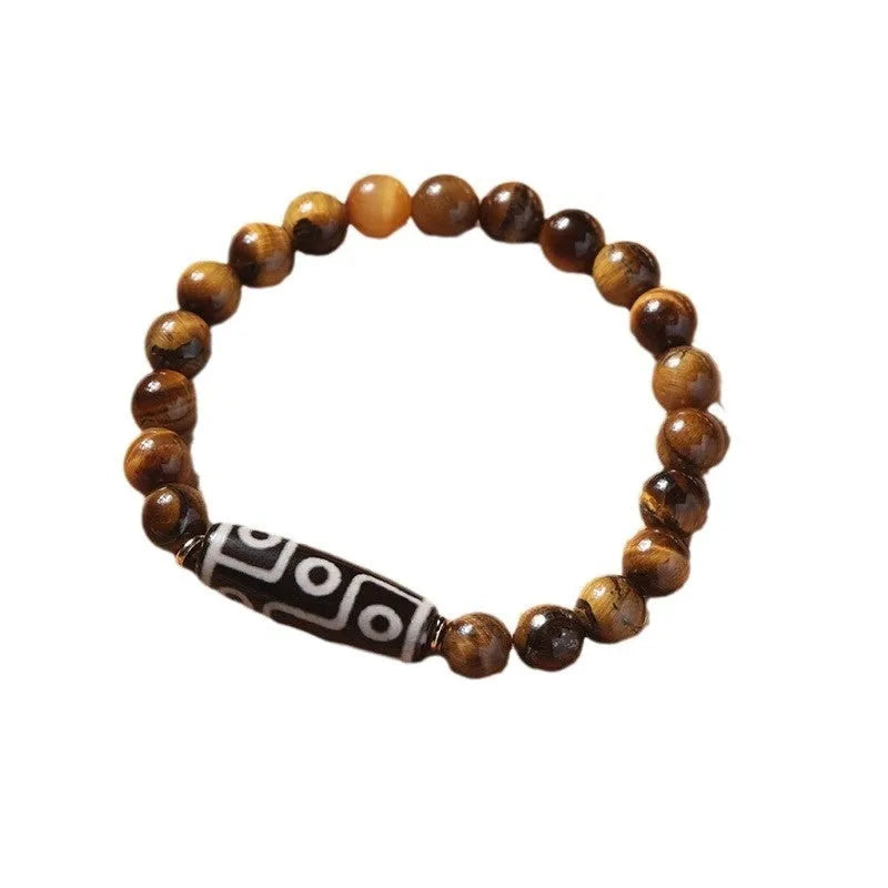 Tigereye bead Buddha rosary bracelet in a single circle ethnic style, showing simple and dzi bead colour options.