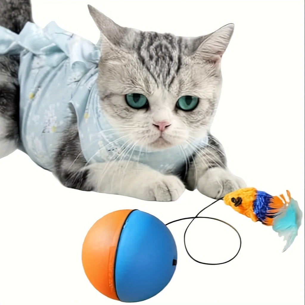 Blue and orange interactive cat toy ball with plush mouse attachment